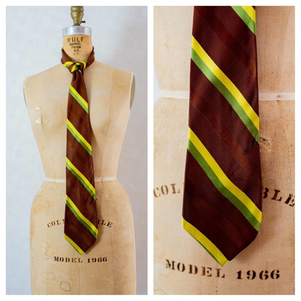 Vintage 70s 60s men's Rhodia wide tie, lime green brown stripe, groovy necktie​